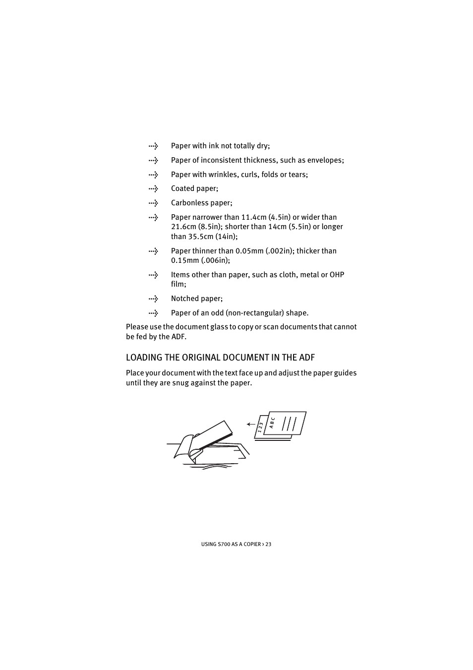 Loading the original document in the adf | Oki S700 User Manual | Page 23 / 65