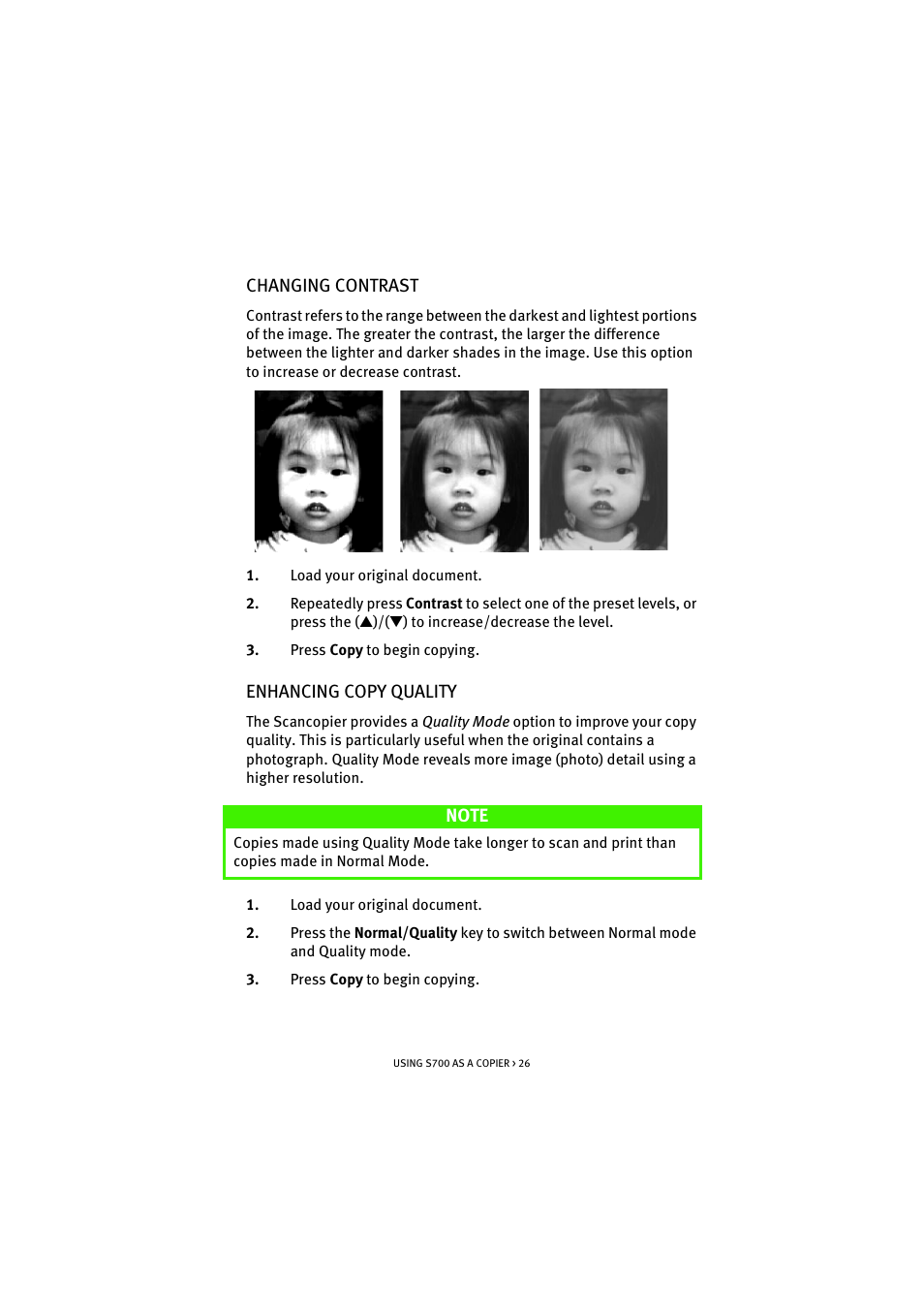 Changing contrast, Enhancing copy quality, Changing contrast enhancing copy quality | Oki S700 User Manual | Page 26 / 65