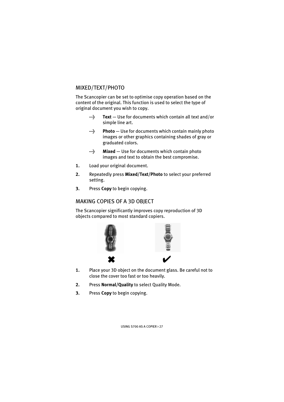 Mixed/text/photo, Making copies of a 3d object, Mixed/text/photo making copies of a 3d object | Oki S700 User Manual | Page 27 / 65