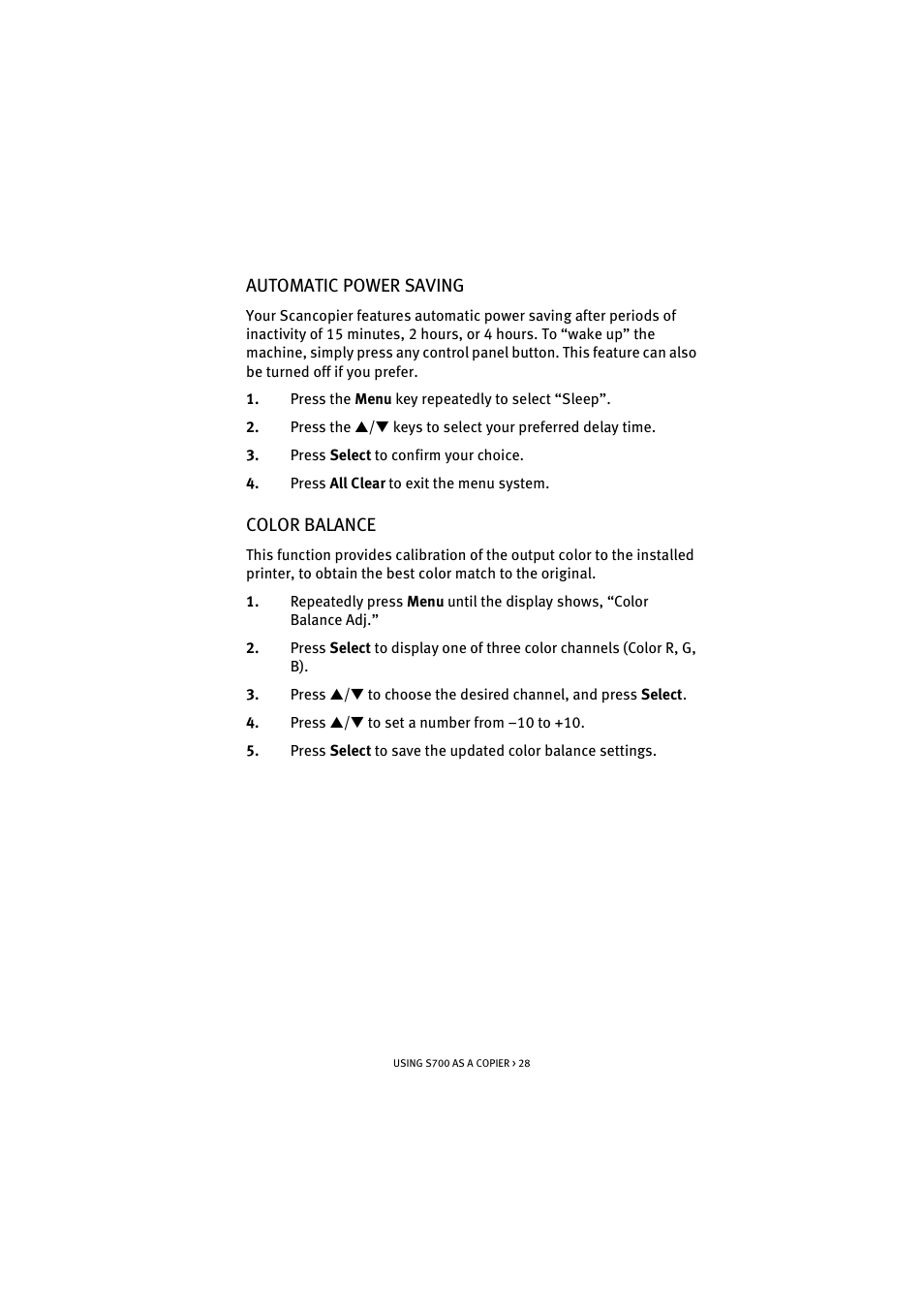 Automatic power saving, Color balance, Automatic power saving color balance | Oki S700 User Manual | Page 28 / 65