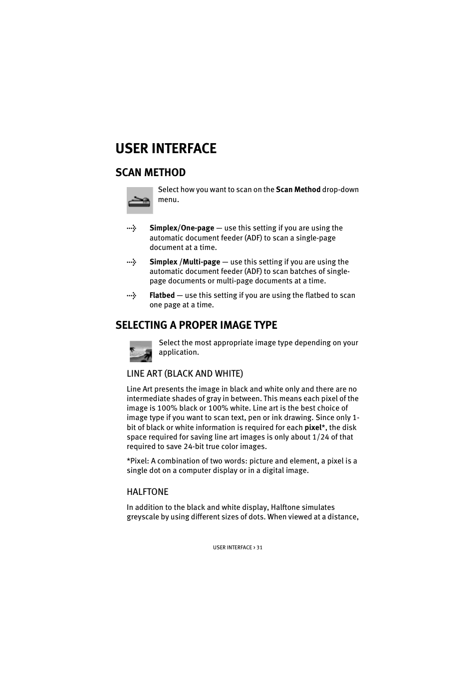 User interface, Scan method, Selecting a proper image type | Line art (black and white), Halftone, Scan method selecting a proper image type, Line art (black and white) halftone | Oki S700 User Manual | Page 31 / 65