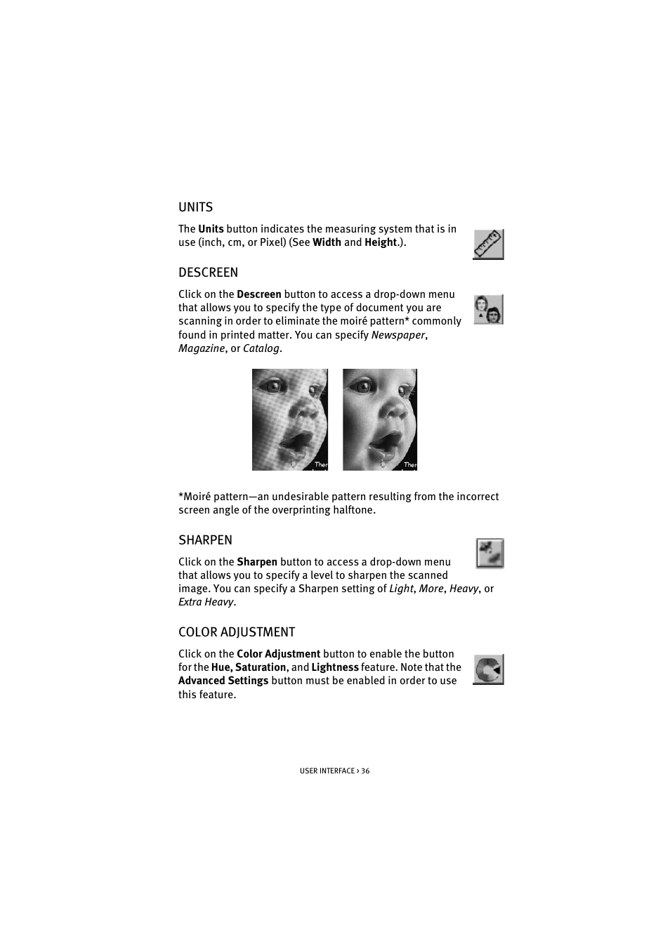 Units, Descreen, Sharpen | Color adjustment, Units descreen sharpen color adjustment | Oki S700 User Manual | Page 36 / 65