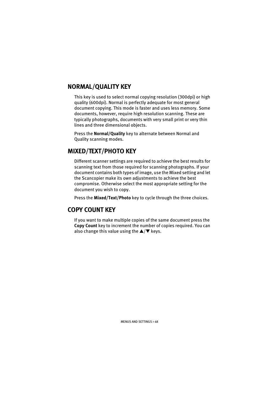 Normal/quality key, Mixed/text/photo key, Copy count key | Oki S700 User Manual | Page 48 / 65