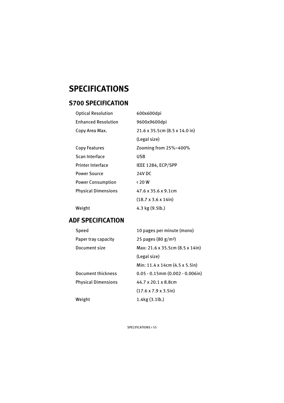 Specifications, S700 specification, Adf specification | S700 specification adf specification | Oki S700 User Manual | Page 55 / 65