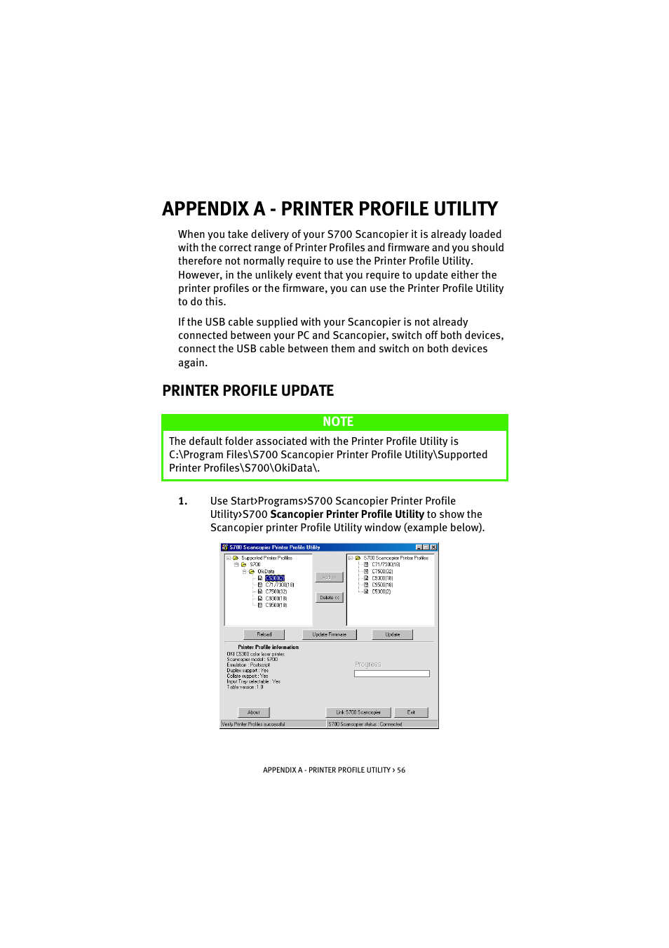 Appendix a - printer profile utility, Printer profile update | Oki S700 User Manual | Page 56 / 65