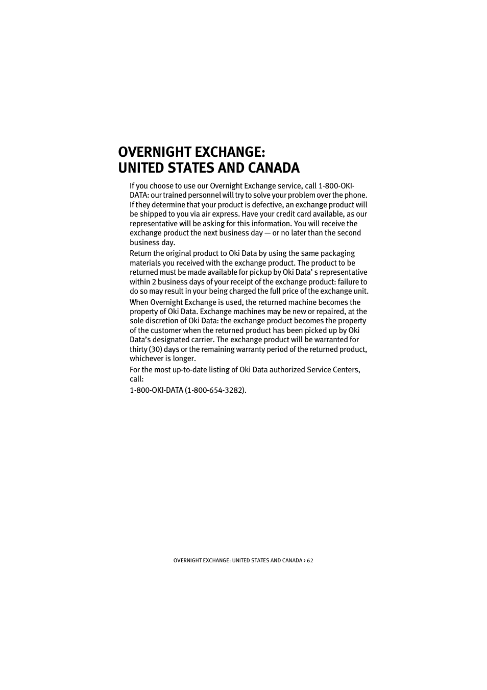 Overnight exchange: united states and canada, Overnight exchange, United states and canada | Oki S700 User Manual | Page 62 / 65