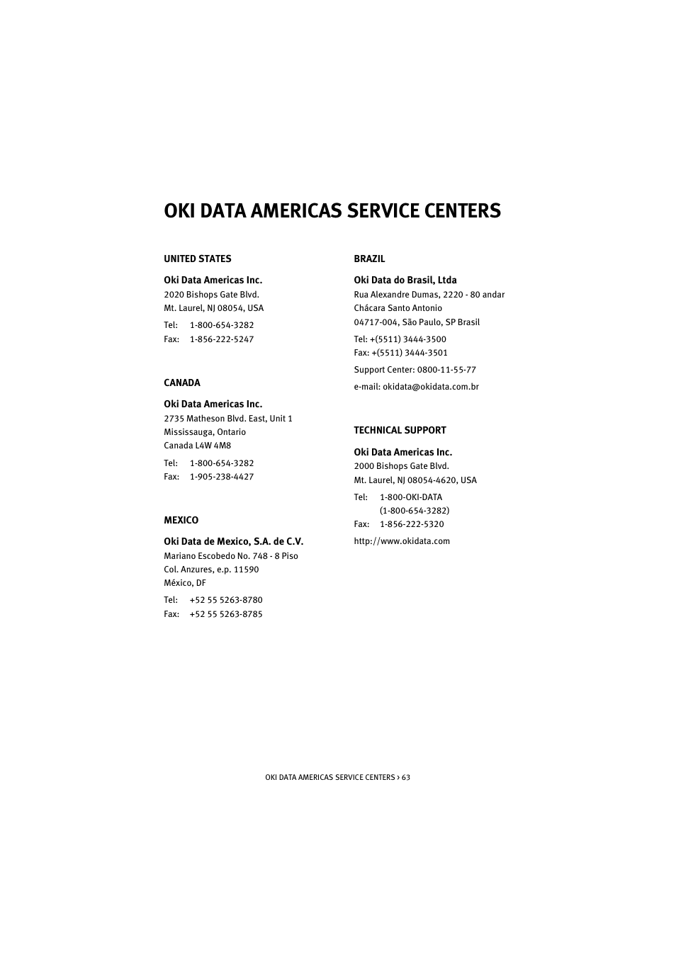 Oki data americas service centers | Oki S700 User Manual | Page 63 / 65