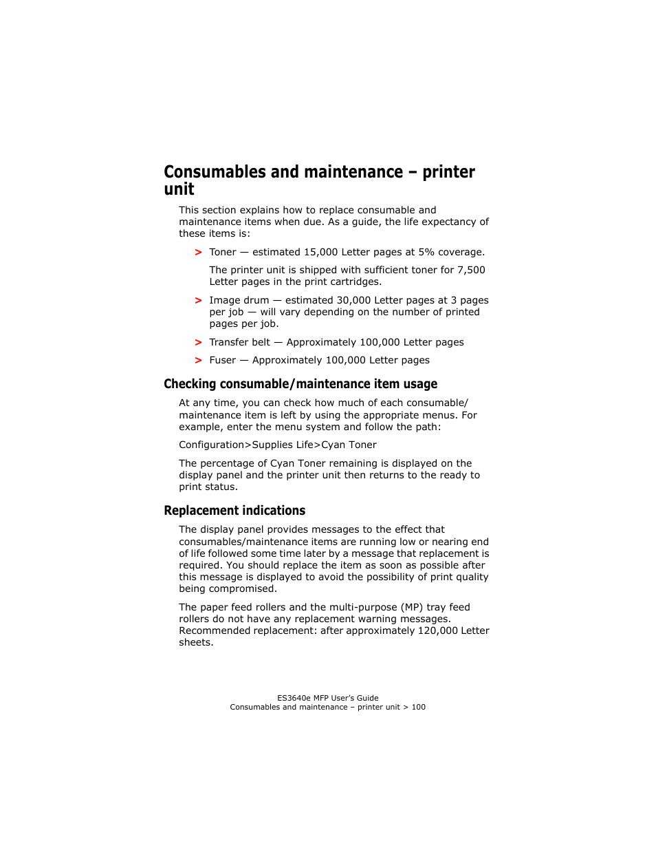 Consumables and maintenance - printer unit, Checking consumable/maintenance item usage, Replacement indications | Consumables and maintenance – printer unit | Oki ES 3640e MFP User Manual | Page 100 / 210