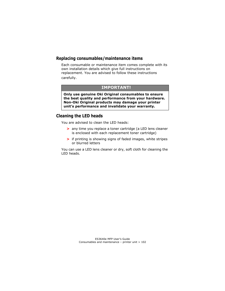 Replacing consumables/maintenance items, Cleaning the led heads | Oki ES 3640e MFP User Manual | Page 102 / 210