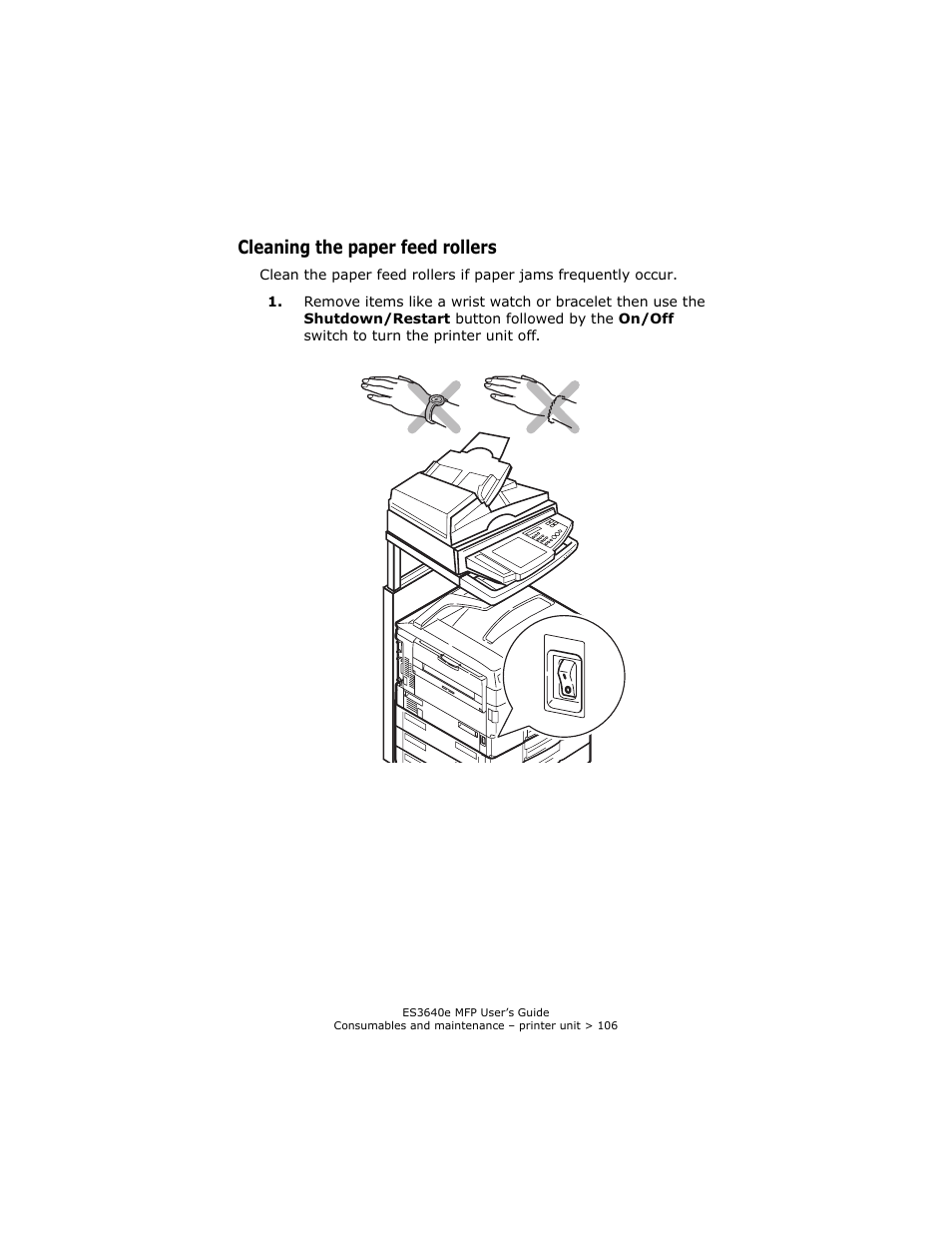 Cleaning the paper feed rollers | Oki ES 3640e MFP User Manual | Page 106 / 210