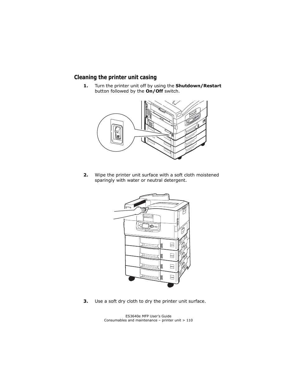 Cleaning the printer unit casing | Oki ES 3640e MFP User Manual | Page 110 / 210