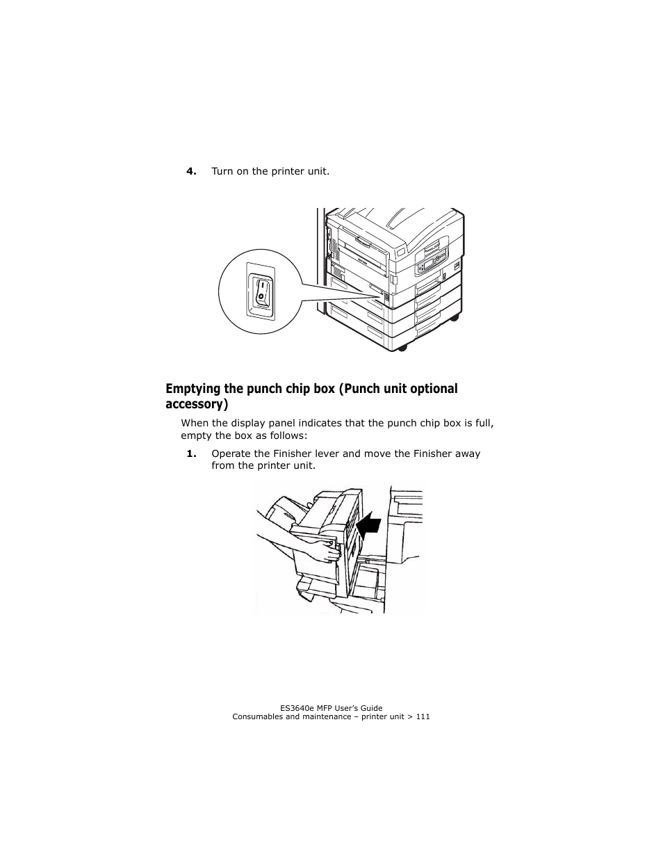 Emptying the punch chip box, Punch unit optional accessory) | Oki ES 3640e MFP User Manual | Page 111 / 210