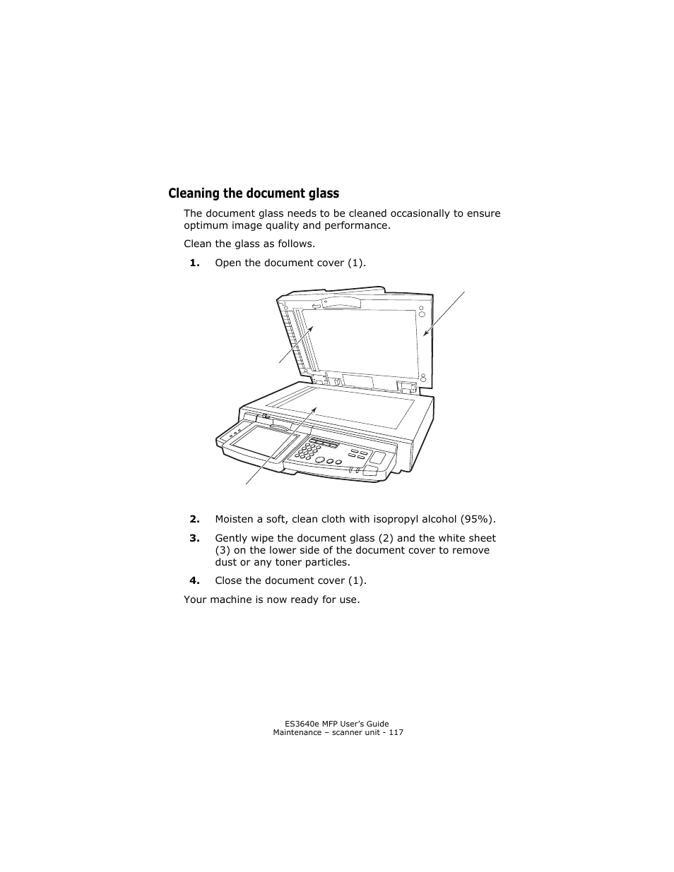 Cleaning the document glass | Oki ES 3640e MFP User Manual | Page 117 / 210