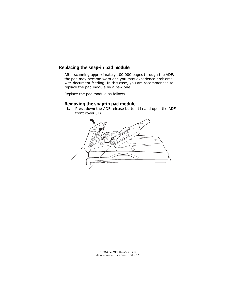 Replacing the snap-in pad module, Removing the snap-in pad module | Oki ES 3640e MFP User Manual | Page 118 / 210