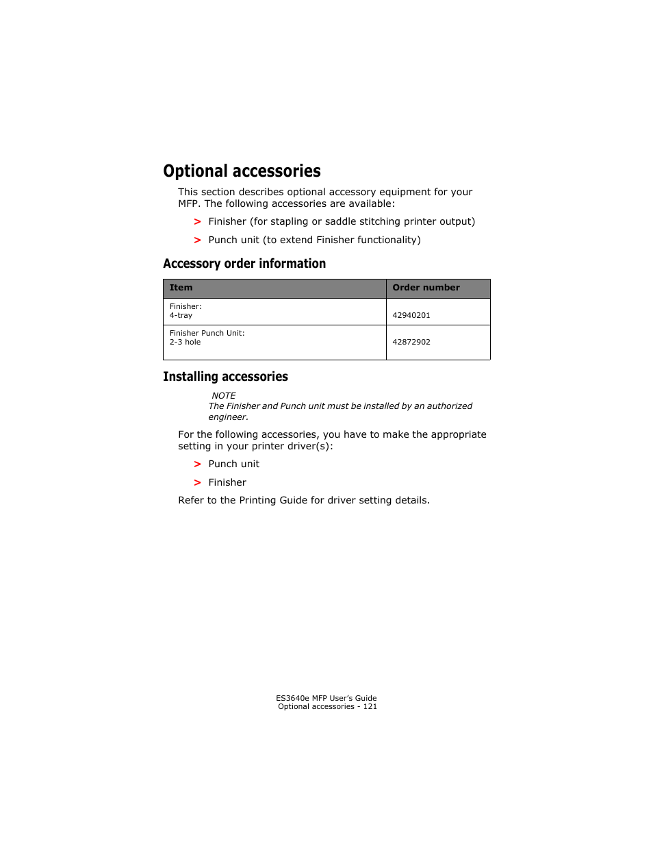 Optional accessories, Accessory order information, Installing accessories | Accessory order information installing accessories | Oki ES 3640e MFP User Manual | Page 121 / 210