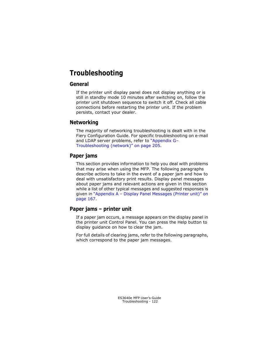 Troubleshooting, General, Networking | Paper jams, Paper jams - printer unit | Oki ES 3640e MFP User Manual | Page 122 / 210