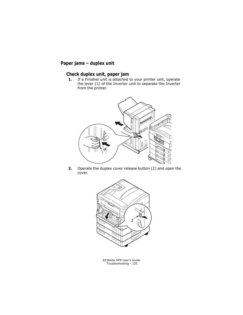 Paper jams - duplex unit, Check duplex unit, paper jam, Paper jams – duplex unit | Oki ES 3640e MFP User Manual | Page 135 / 210