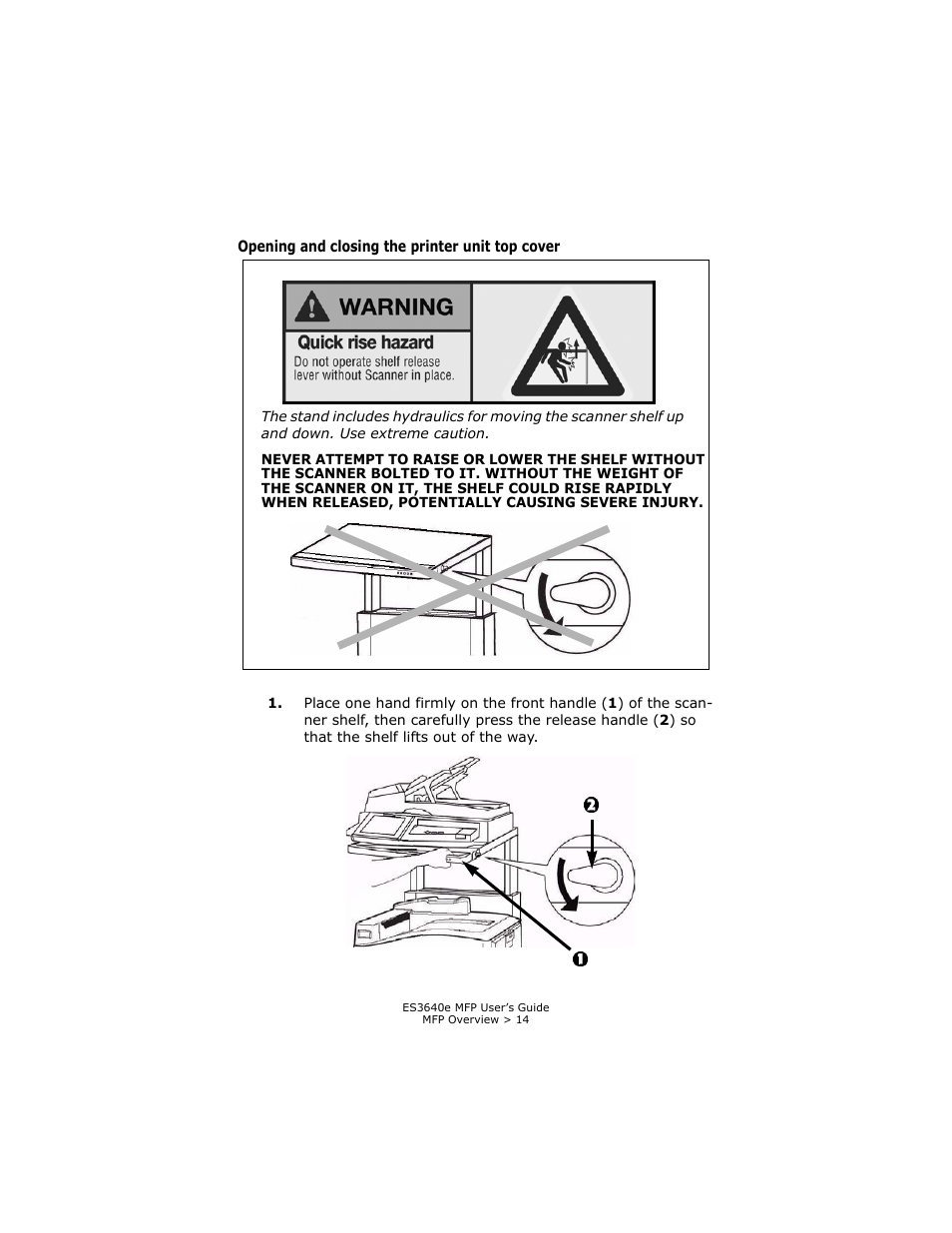Opening and closing the printer unit top cover | Oki ES 3640e MFP User Manual | Page 14 / 210