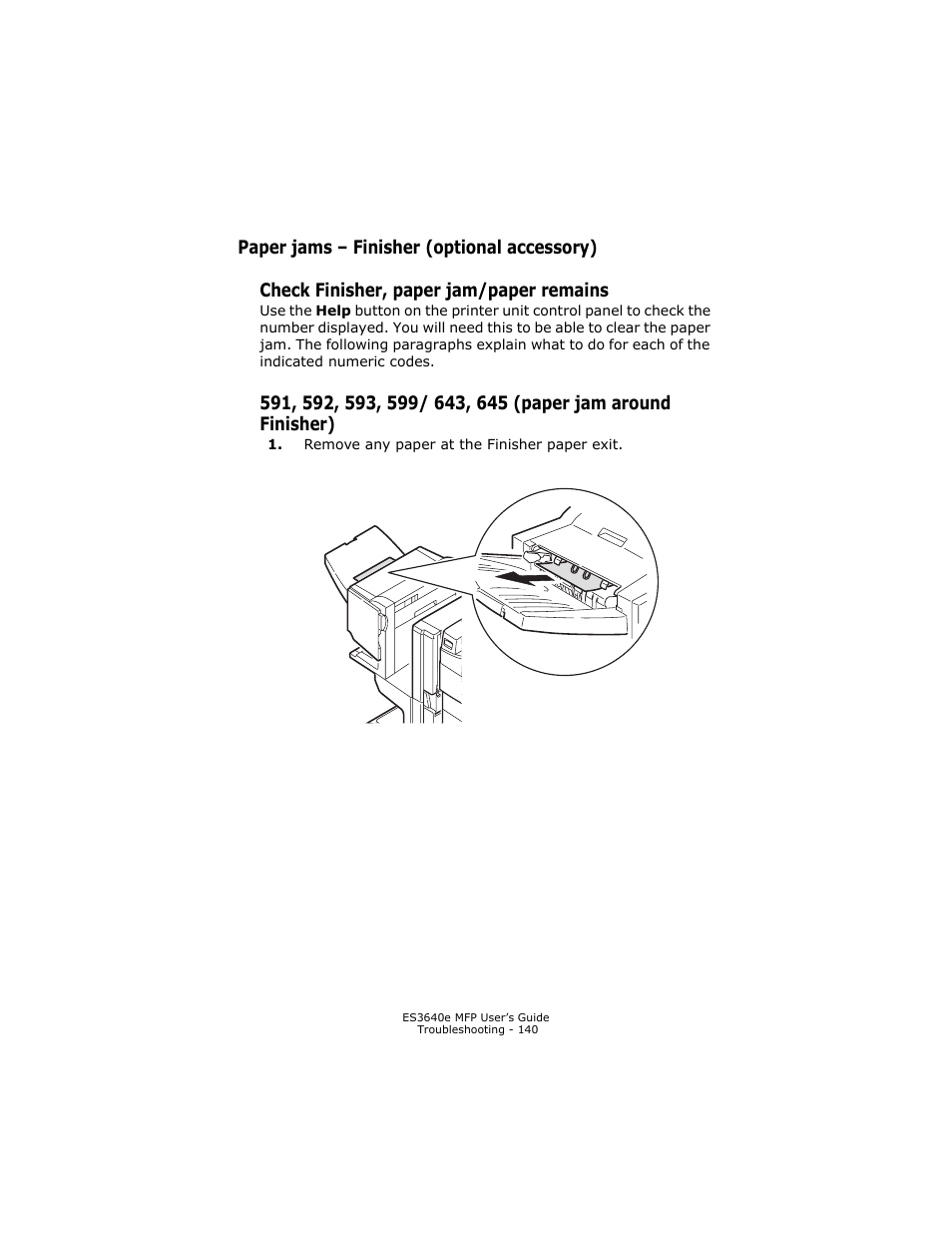 Paper jams - finisher (optional accessory), Check finisher, paper jam/paper remains, Paper jams – finisher (optional accessory) | Paper jam around finisher) | Oki ES 3640e MFP User Manual | Page 140 / 210