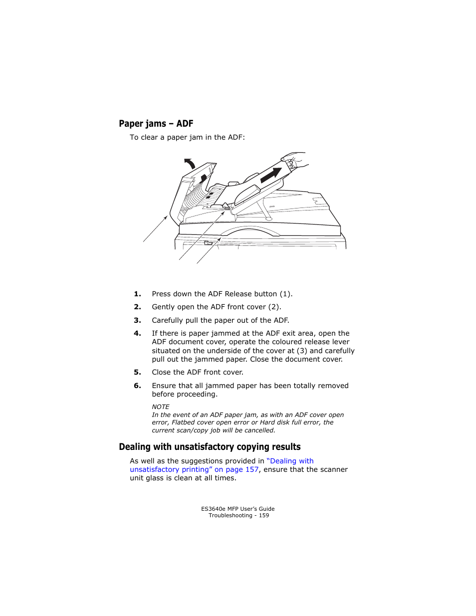 Paper jams - adf, Dealing with unsatisfactory copying results, Paper jams – adf | Oki ES 3640e MFP User Manual | Page 159 / 210