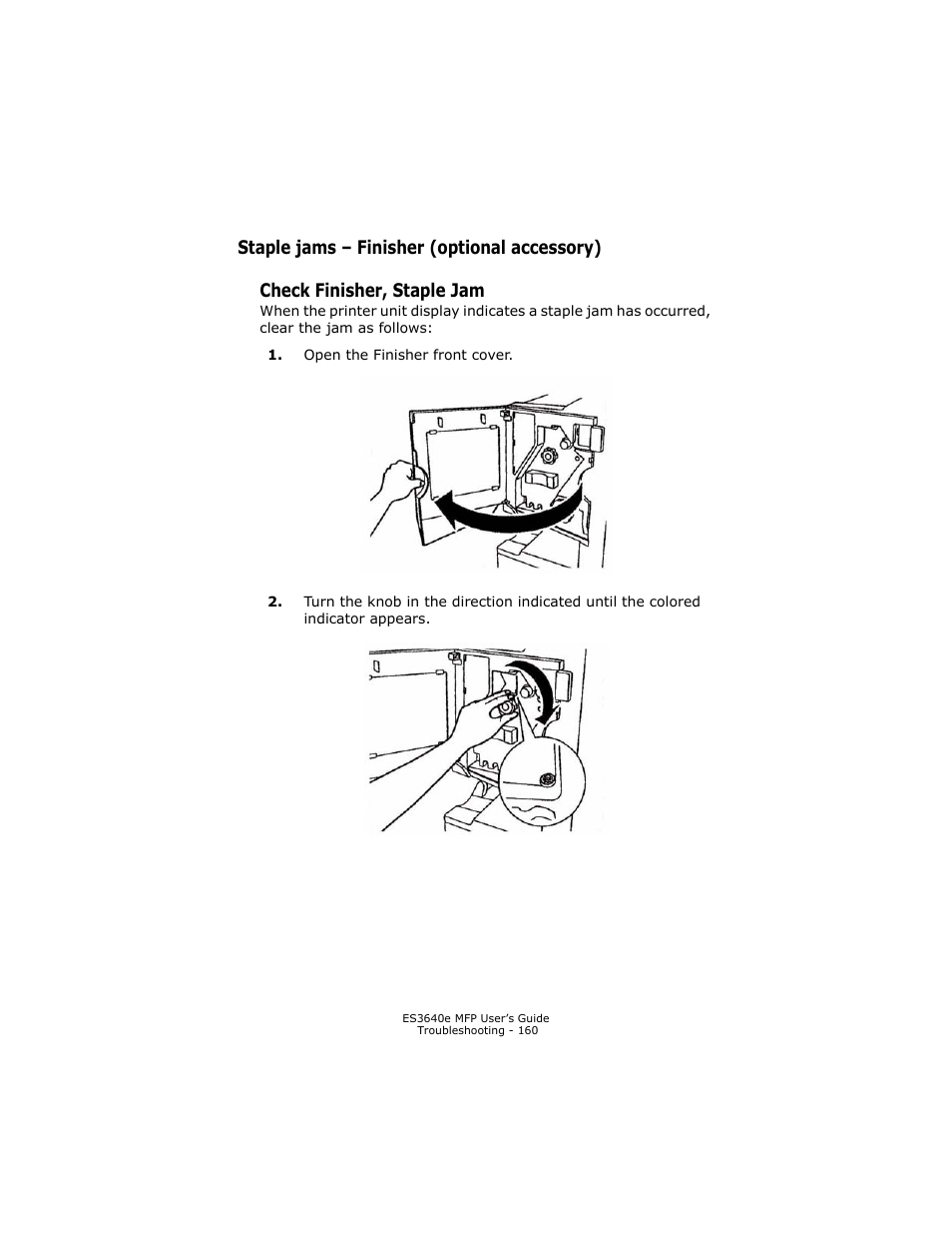 Staple jams - finisher (optional accessory), Check finisher, staple jam, Staple jams – finisher (optional accessory) | Oki ES 3640e MFP User Manual | Page 160 / 210