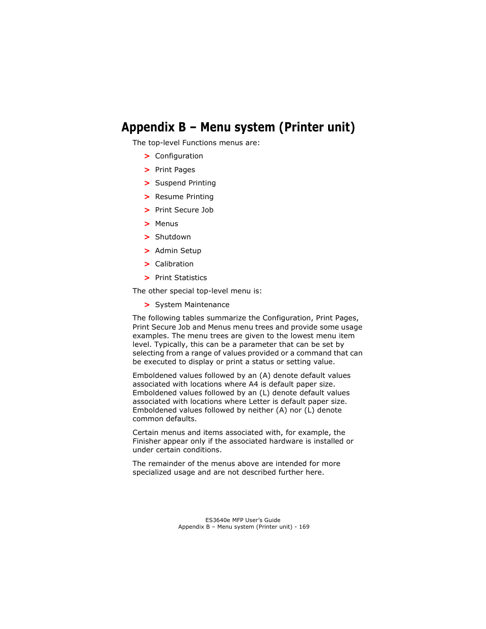 Appendix b - menu system (printer unit), Appendix b – menu system (printer unit), Appendix b – menu system (printer | For reference | Oki ES 3640e MFP User Manual | Page 169 / 210