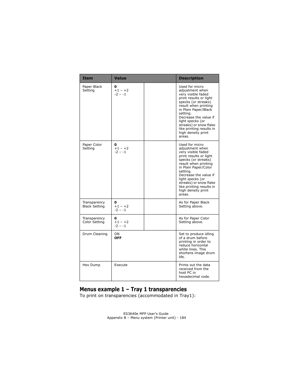 Menus example 1 - tray 1 transparencies, Menus example 1 – tray 1 transparencies | Oki ES 3640e MFP User Manual | Page 184 / 210