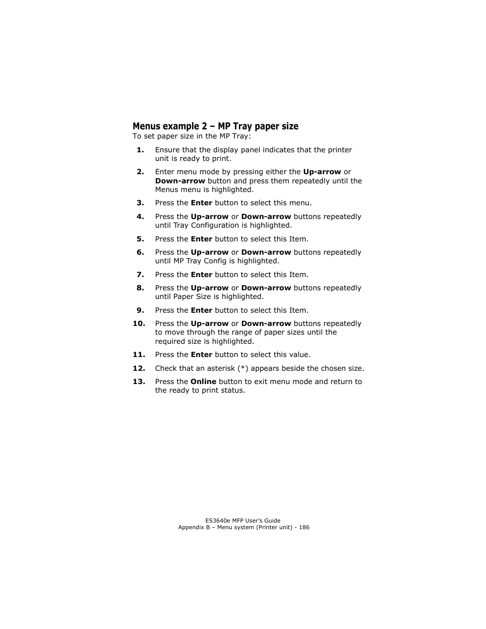 Menus example 2 - mp tray paper size, Menus example 2 – mp tray paper size | Oki ES 3640e MFP User Manual | Page 186 / 210