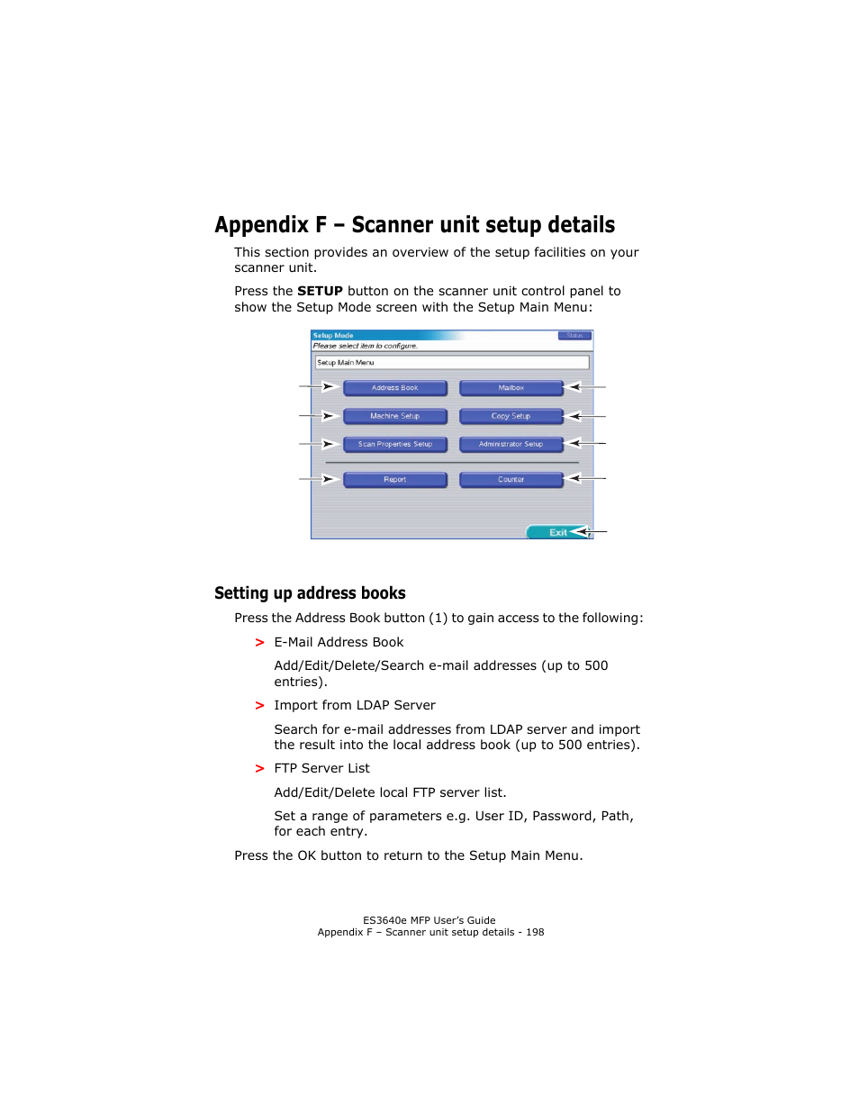 Appendix f - scanner unit setup details, Setting up address books, Appendix f – scanner unit setup details | Oki ES 3640e MFP User Manual | Page 198 / 210