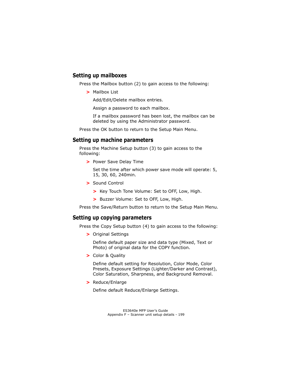 Setting up mailboxes, Setting up machine parameters, Setting up copying parameters | Oki ES 3640e MFP User Manual | Page 199 / 210