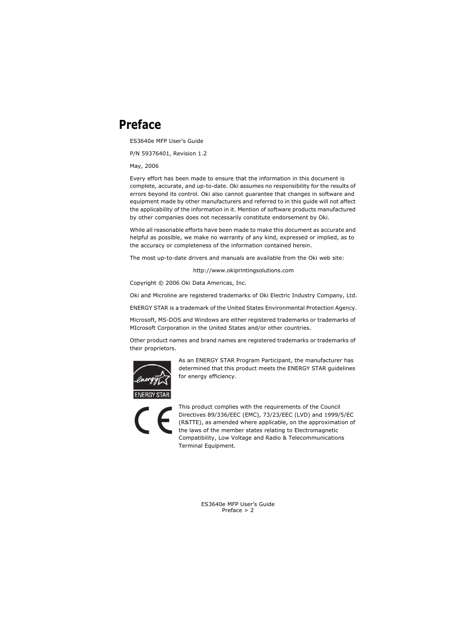 Preface | Oki ES 3640e MFP User Manual | Page 2 / 210