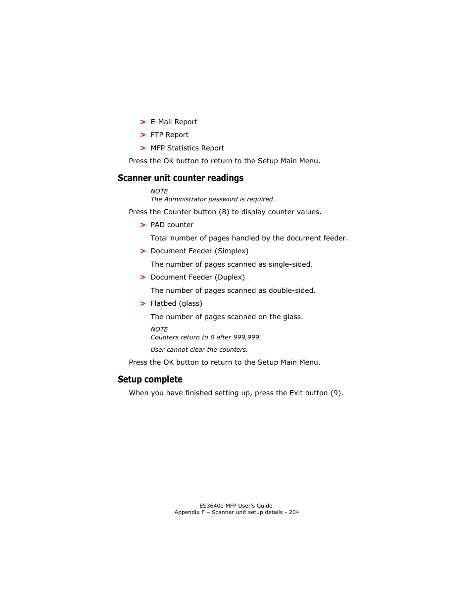 Scanner unit counter readings, Setup complete, Scanner unit counter readings setup complete | Oki ES 3640e MFP User Manual | Page 204 / 210