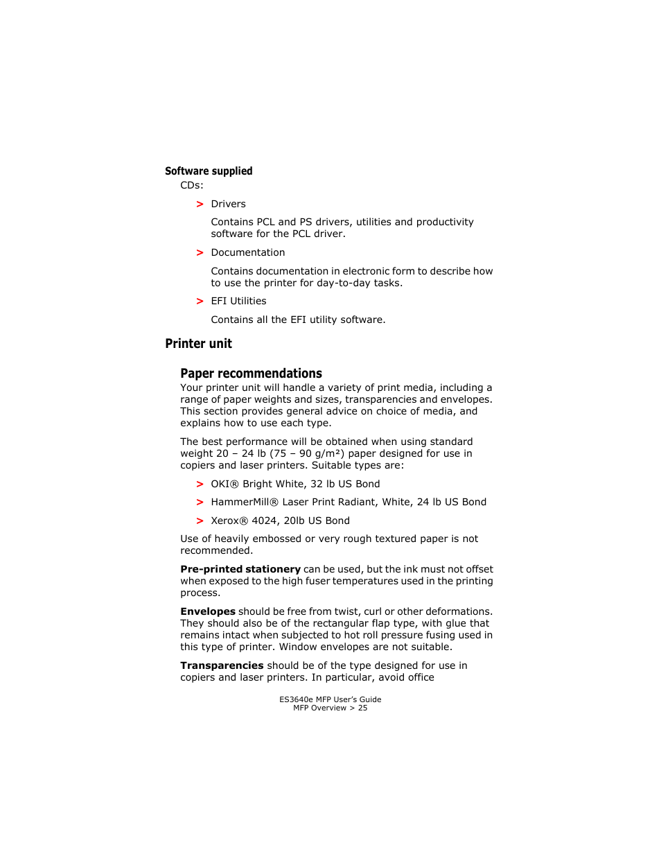 Software supplied, Printer unit, Paper recommendations | Software supplied printer unit, Printer unit paper recommendations | Oki ES 3640e MFP User Manual | Page 25 / 210