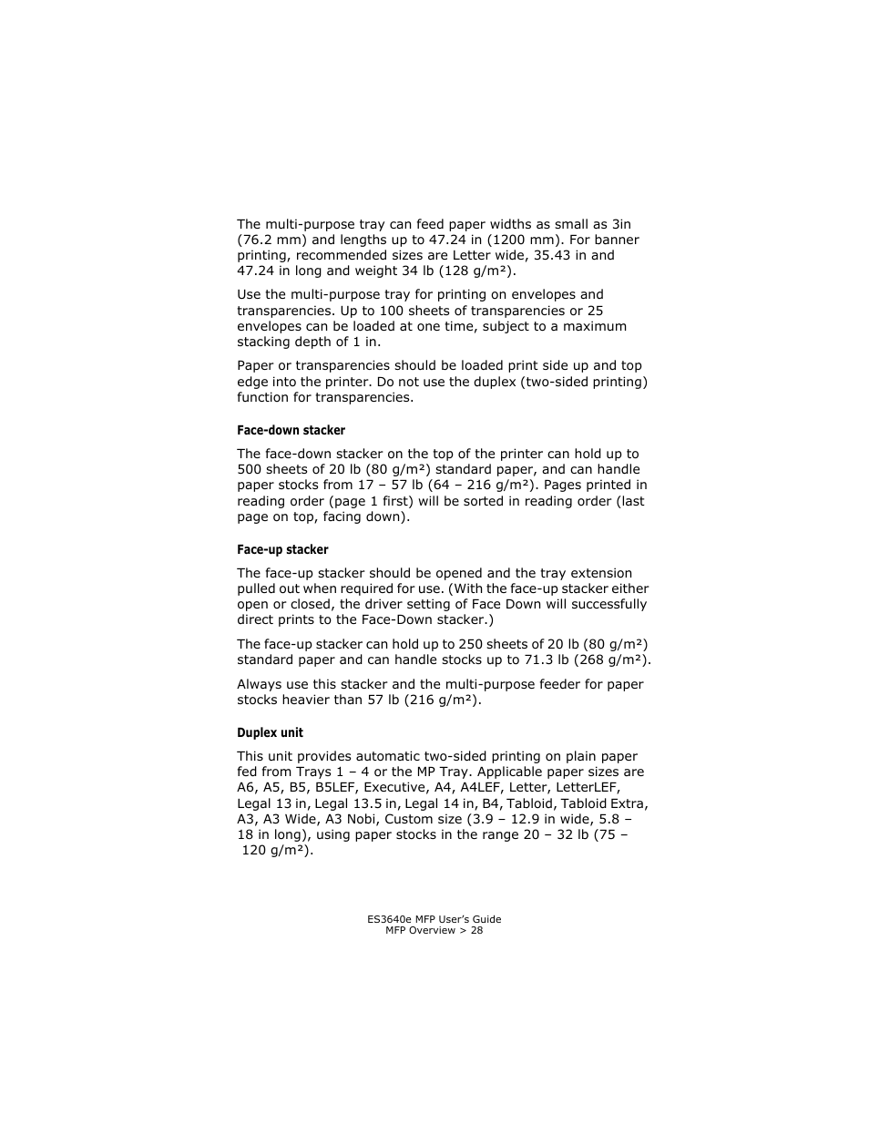Face-down stacker, Face-up stacker, Duplex unit | Oki ES 3640e MFP User Manual | Page 28 / 210