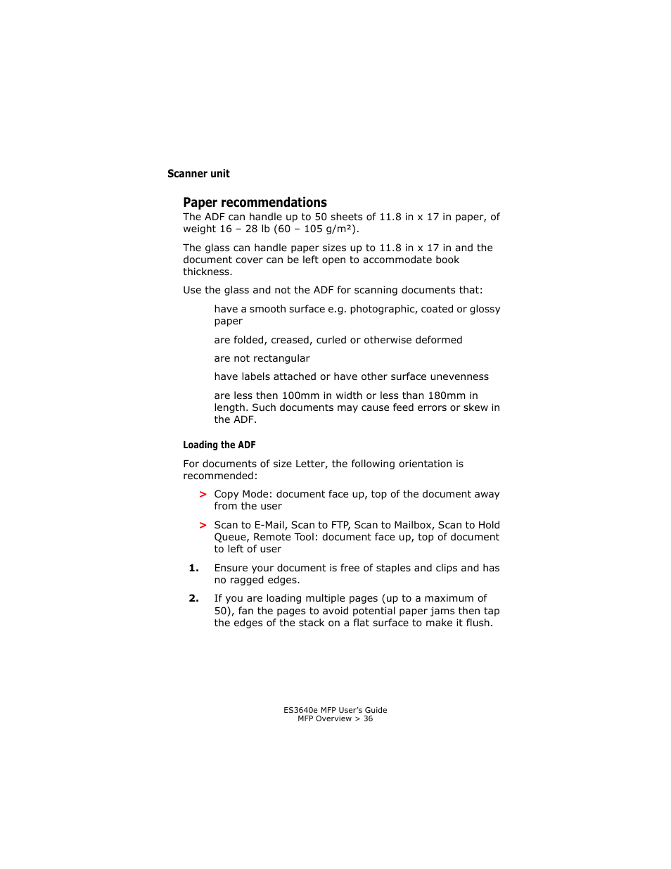 Scanner unit, Paper recommendations, Loading the adf | Oki ES 3640e MFP User Manual | Page 36 / 210