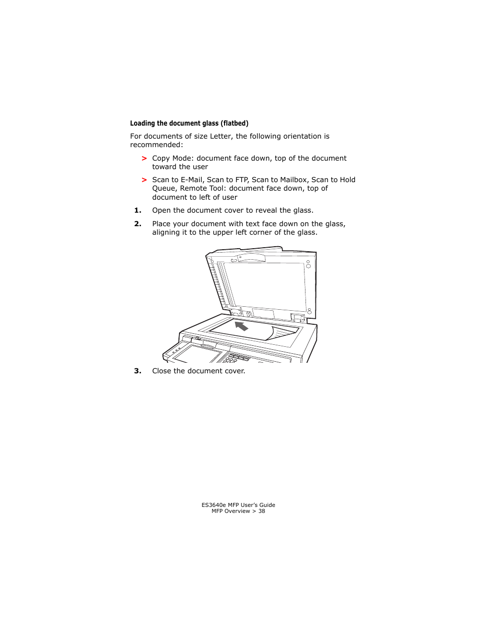 Loading the document glass (flatbed) | Oki ES 3640e MFP User Manual | Page 38 / 210