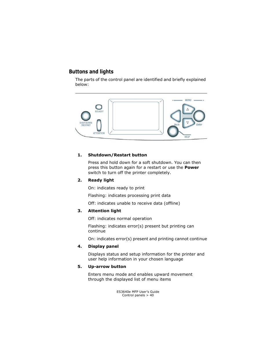 Buttons and lights | Oki ES 3640e MFP User Manual | Page 40 / 210