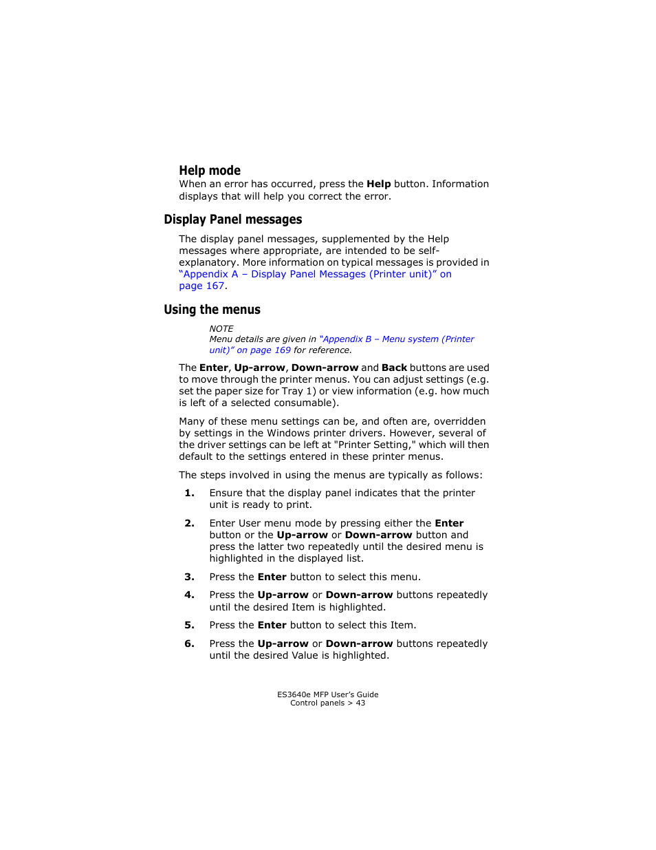 Help mode, Display panel messages, Using the menus | Display panel messages using the menus | Oki ES 3640e MFP User Manual | Page 43 / 210