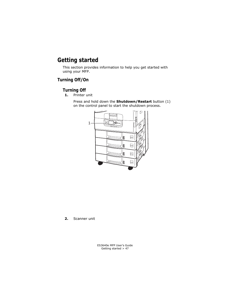 Getting started, Turning off/on, Turning off | Entitled | Oki ES 3640e MFP User Manual | Page 47 / 210