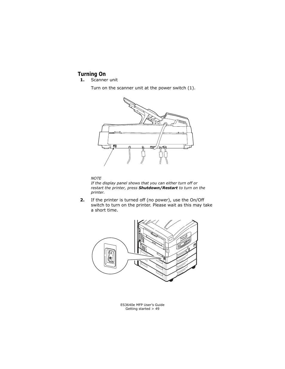 Turning on | Oki ES 3640e MFP User Manual | Page 49 / 210