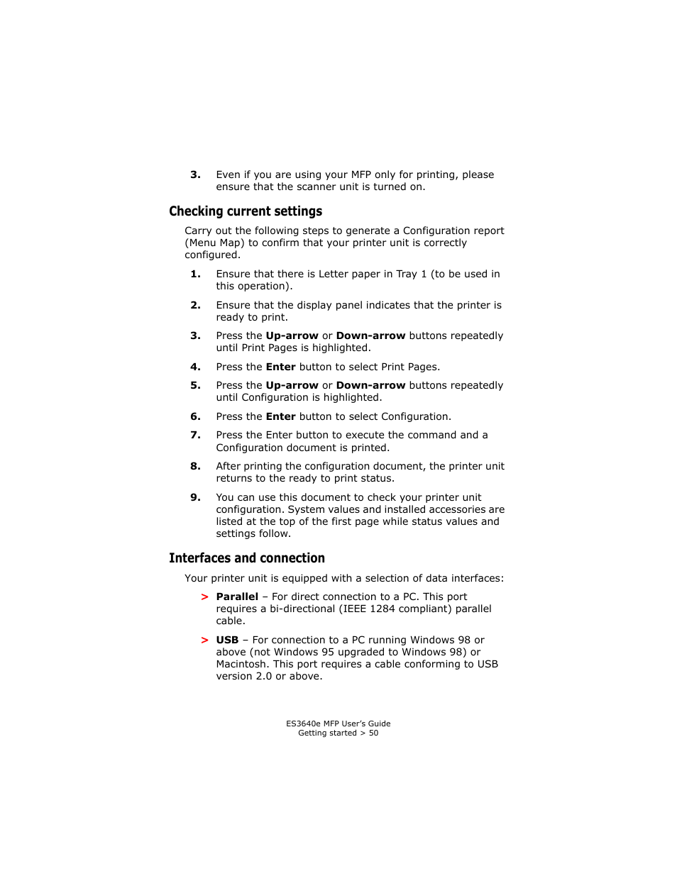 Checking current settings, Interfaces and connection | Oki ES 3640e MFP User Manual | Page 50 / 210