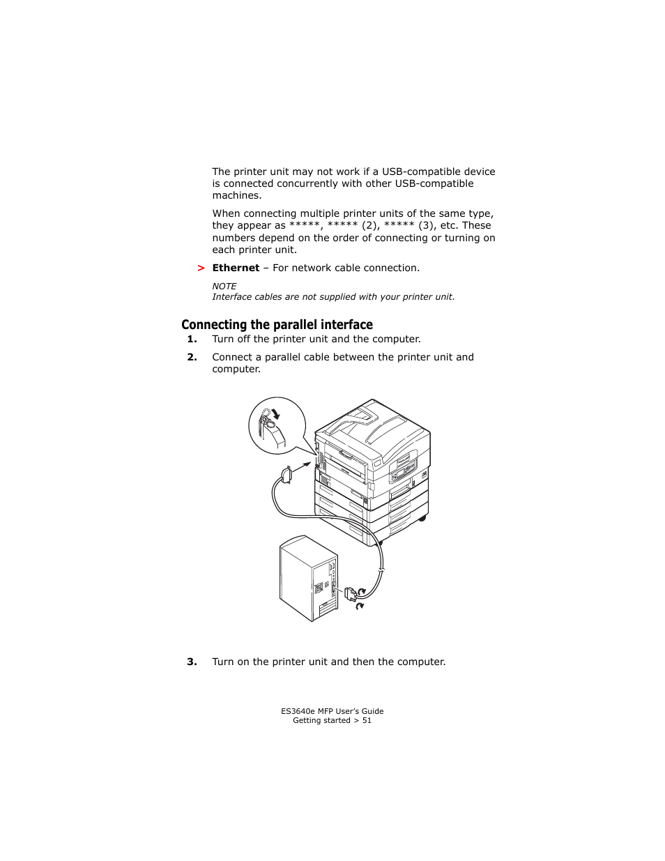 Connecting the parallel interface | Oki ES 3640e MFP User Manual | Page 51 / 210