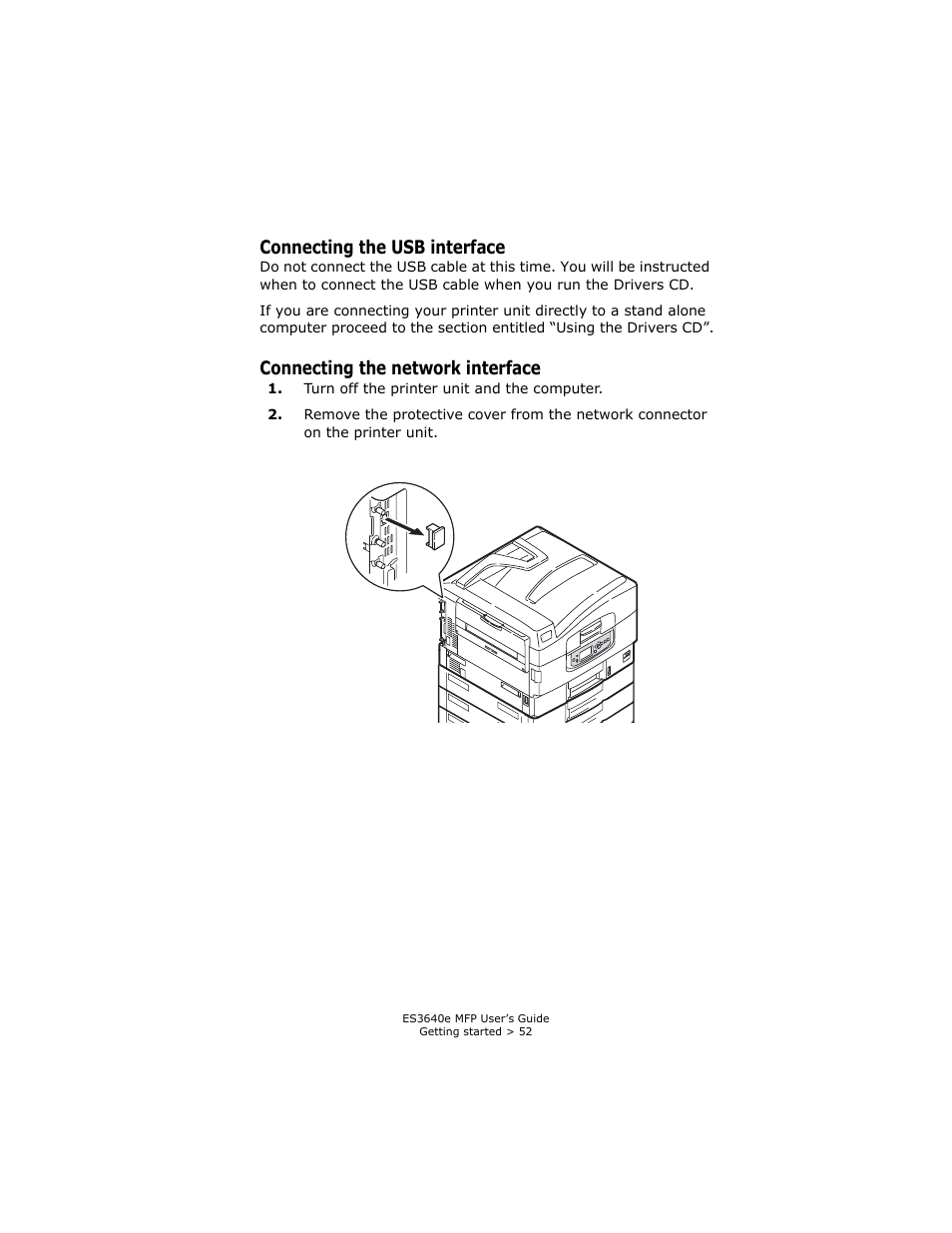 Connecting the usb interface, Connecting the network interface | Oki ES 3640e MFP User Manual | Page 52 / 210