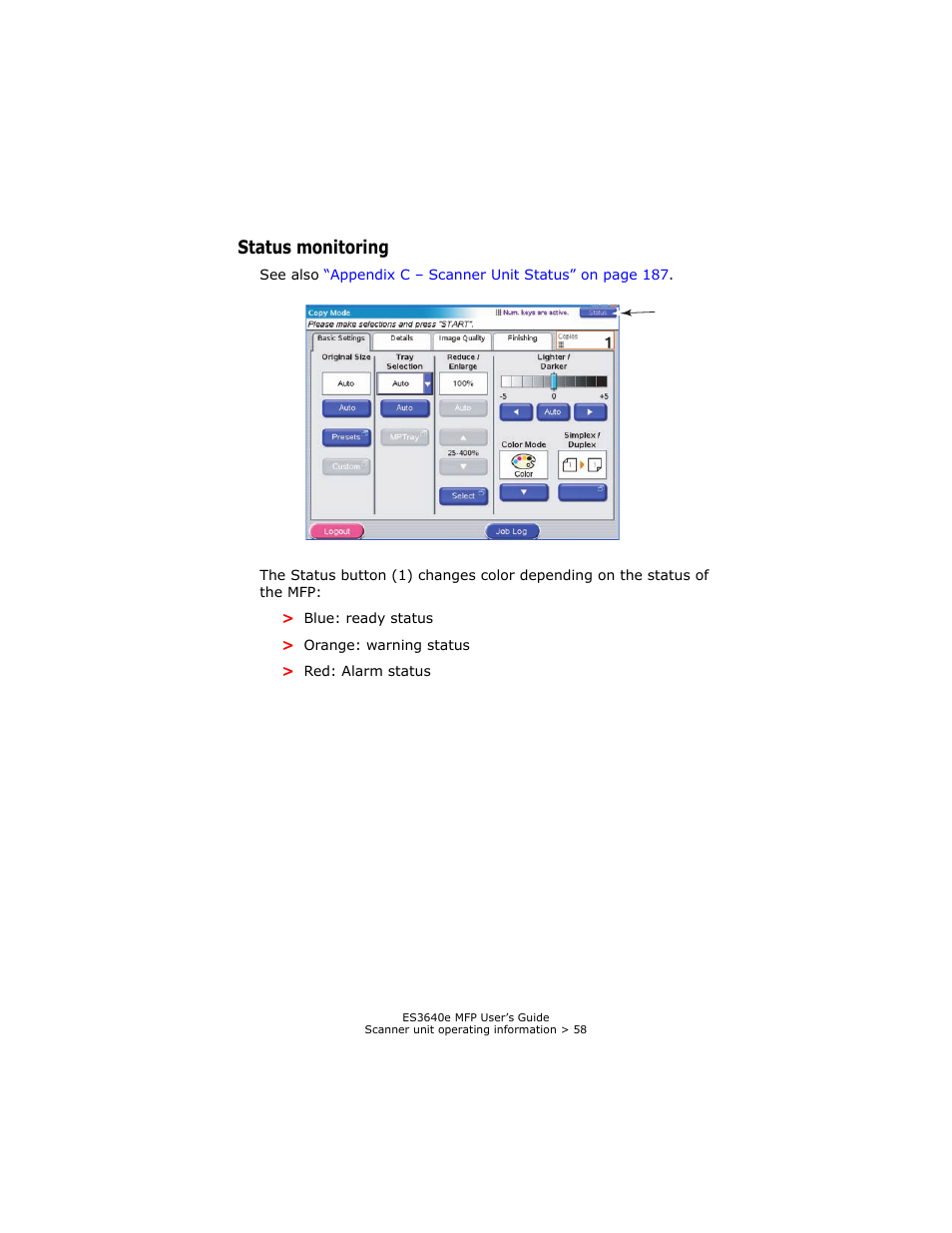 Status monitoring | Oki ES 3640e MFP User Manual | Page 58 / 210