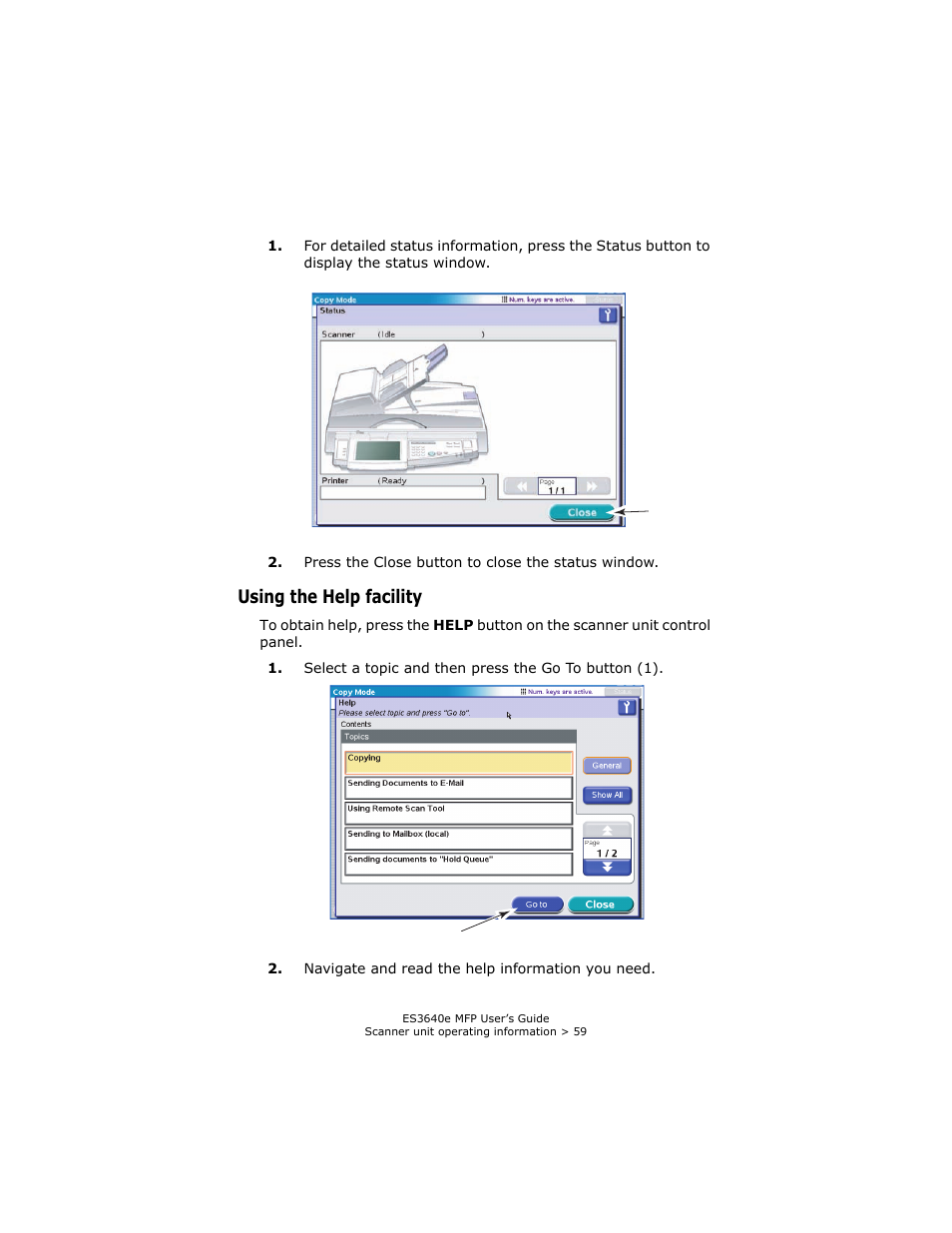 Using the help facility | Oki ES 3640e MFP User Manual | Page 59 / 210