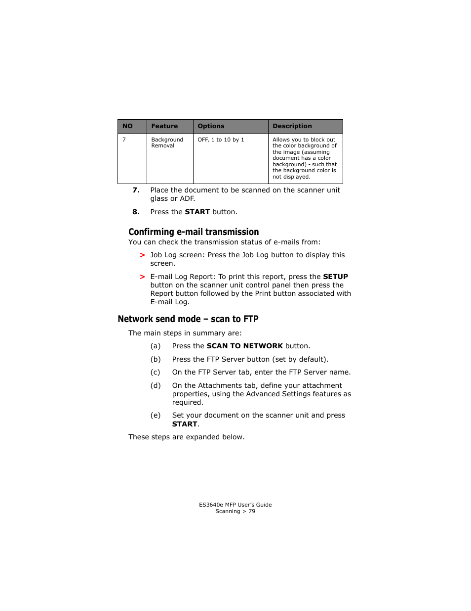 Confirming e-mail transmission, Network send mode - scan to ftp, Network send mode – scan to ftp | Oki ES 3640e MFP User Manual | Page 79 / 210