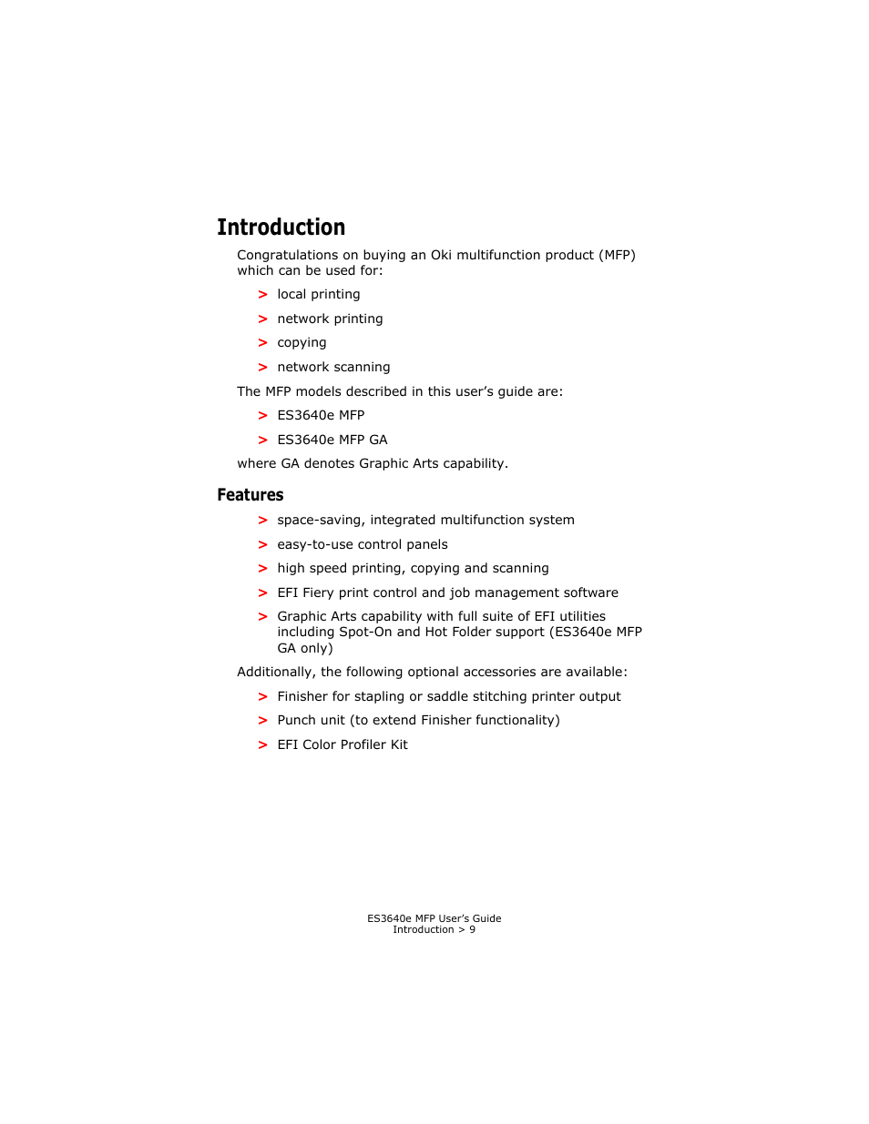 Introduction, Features | Oki ES 3640e MFP User Manual | Page 9 / 210