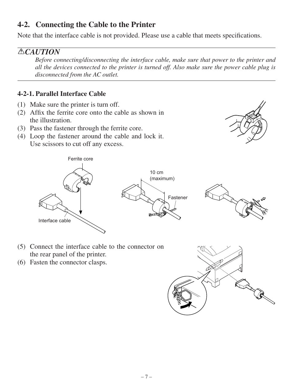 2. connecting the cable to the printer, Caution | Oki Pos 441 User Manual | Page 11 / 56