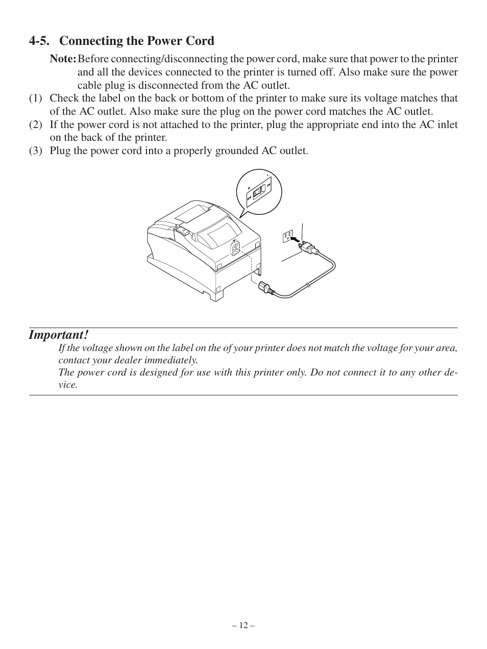 5. connecting the power cord, Important | Oki Pos 441 User Manual | Page 16 / 56