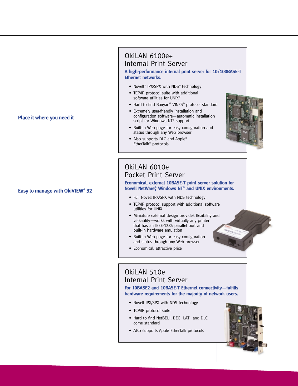Okilan 6100e+ internal print server, Okilan 6010e pocket print server, Okilan 510e internal print server | Place it where you need it, Easy to manage with okiview | Oki 24DX Series User Manual | Page 3 / 4
